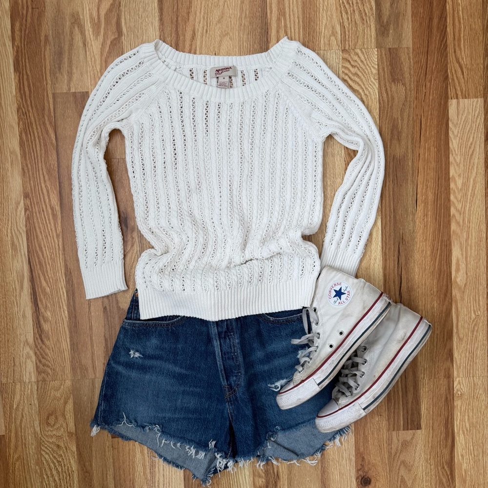 Vintage Arizona Jean Co. White Pointelle Knit Open-Weave Sweater